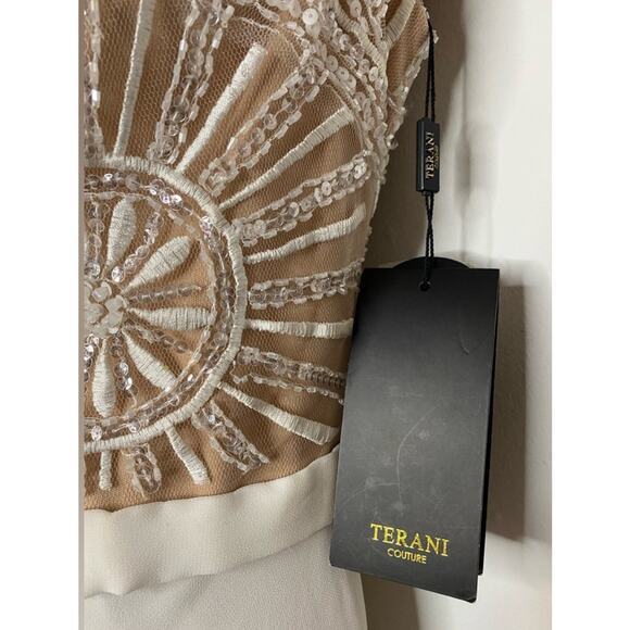 NWT Terani Couture Beaded Ivory and Nude dress. Size 12. Some minor repairs. - Picture 5 of 9